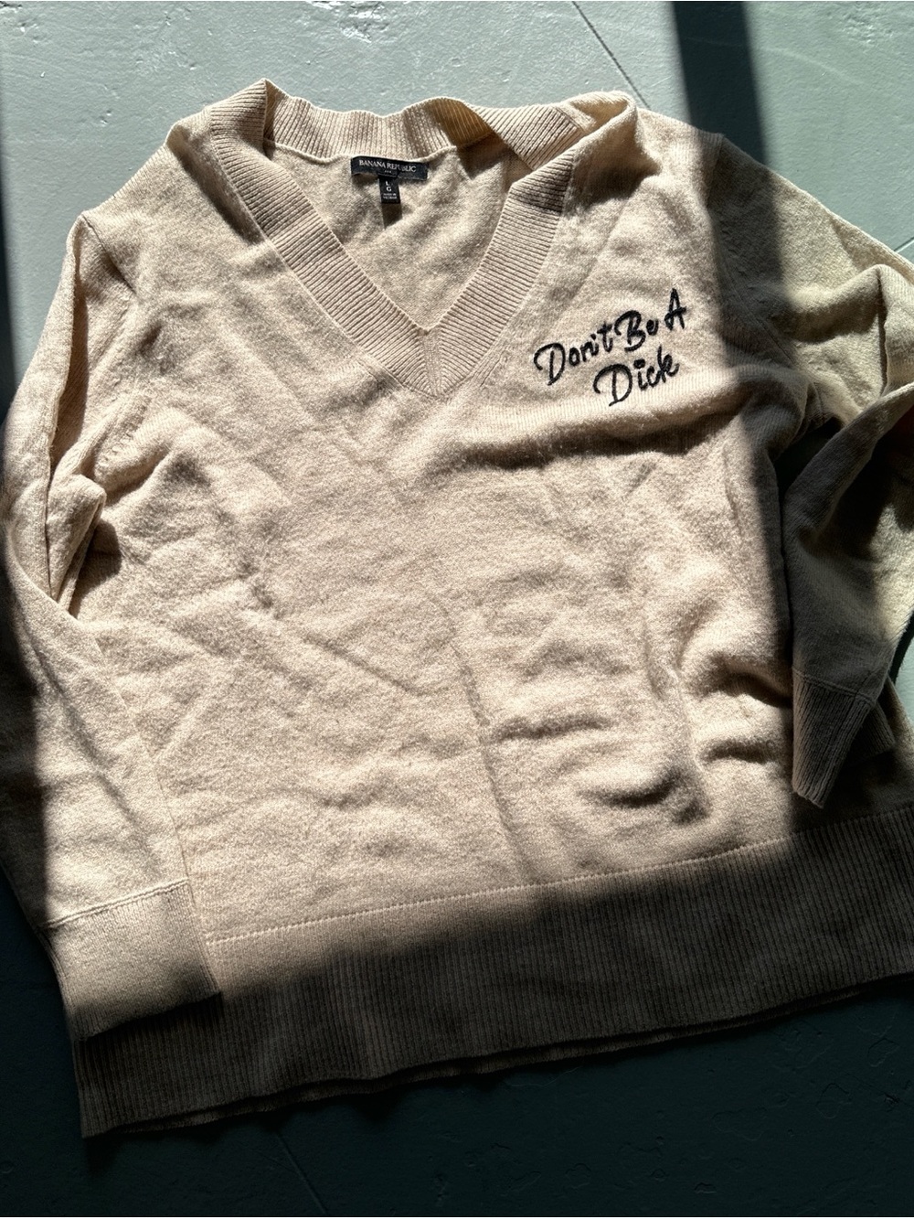 Beige V-Neck Sweater - "Don't Be A Dick" hand Embroidery